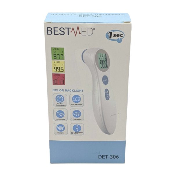 Showcase the BESTMED 1 Second Infrared Thermometer for Children & Adults Forehead DET-306, featuring a product image, color display, key features, and instant 1-second contactless temperature measurement.